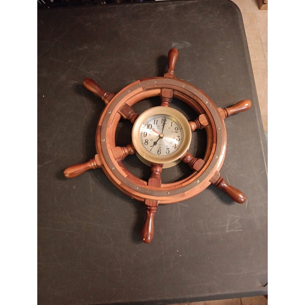Vintage Nautical Wooden Ships Wheel Wall Clock Brass Quartz Maritime Decor